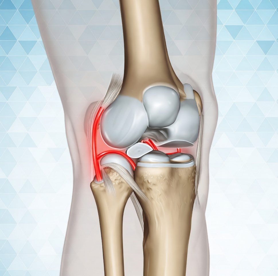 Anterior Cruciate Ligament (ACL) highlighted in knee anatomy diagram