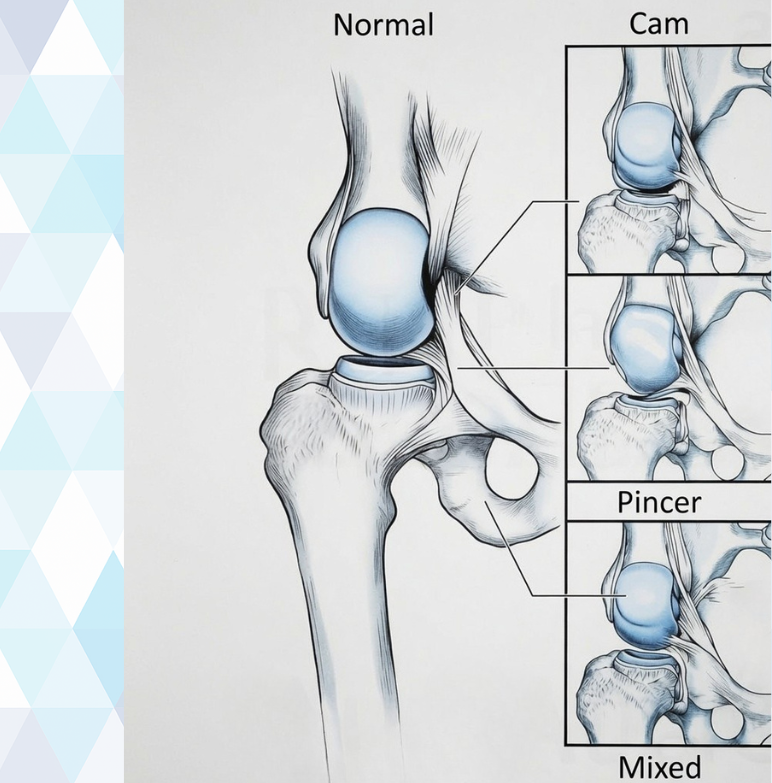 Anatomical diagram of cam, pincer and mixed femoroacetabular impingement of the hip